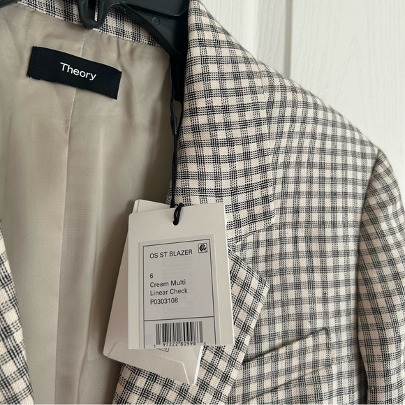 Theory Check Linen Blend Blazer Cream/ Grey Multi Size 6 - Picture 8 of 14